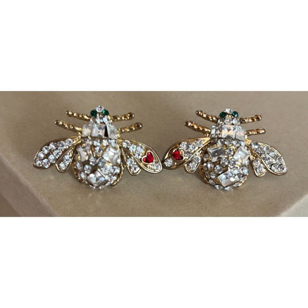 Vintage Gold Tone Crystal Faux Bumble Bee Pierced Earrings